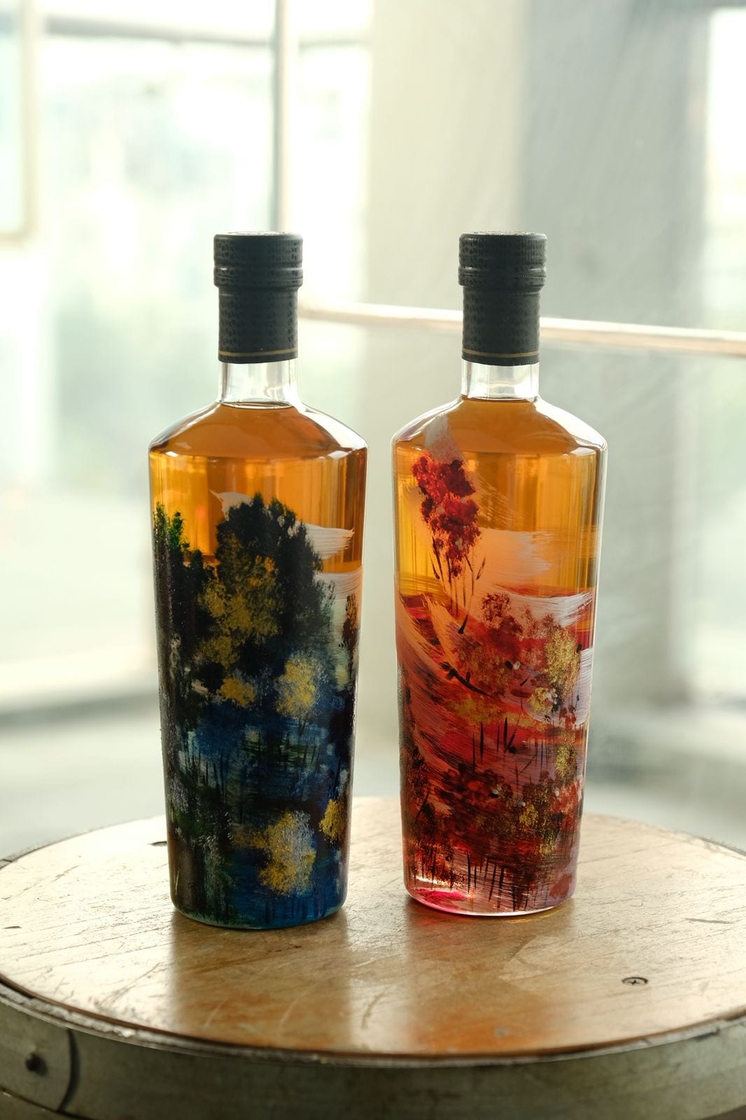 Painted bottles in the artist's studio.